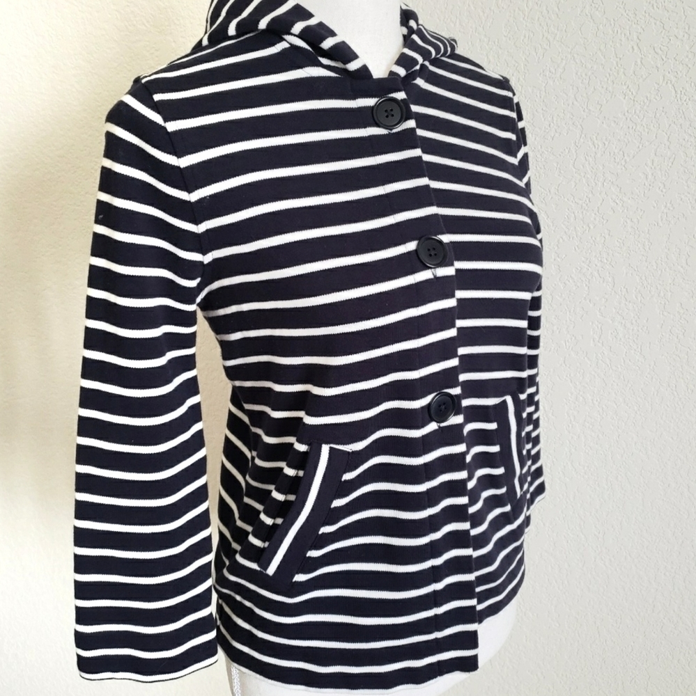 J. Crew Hooded Navy Blue And White Striped Cardigan Size Small